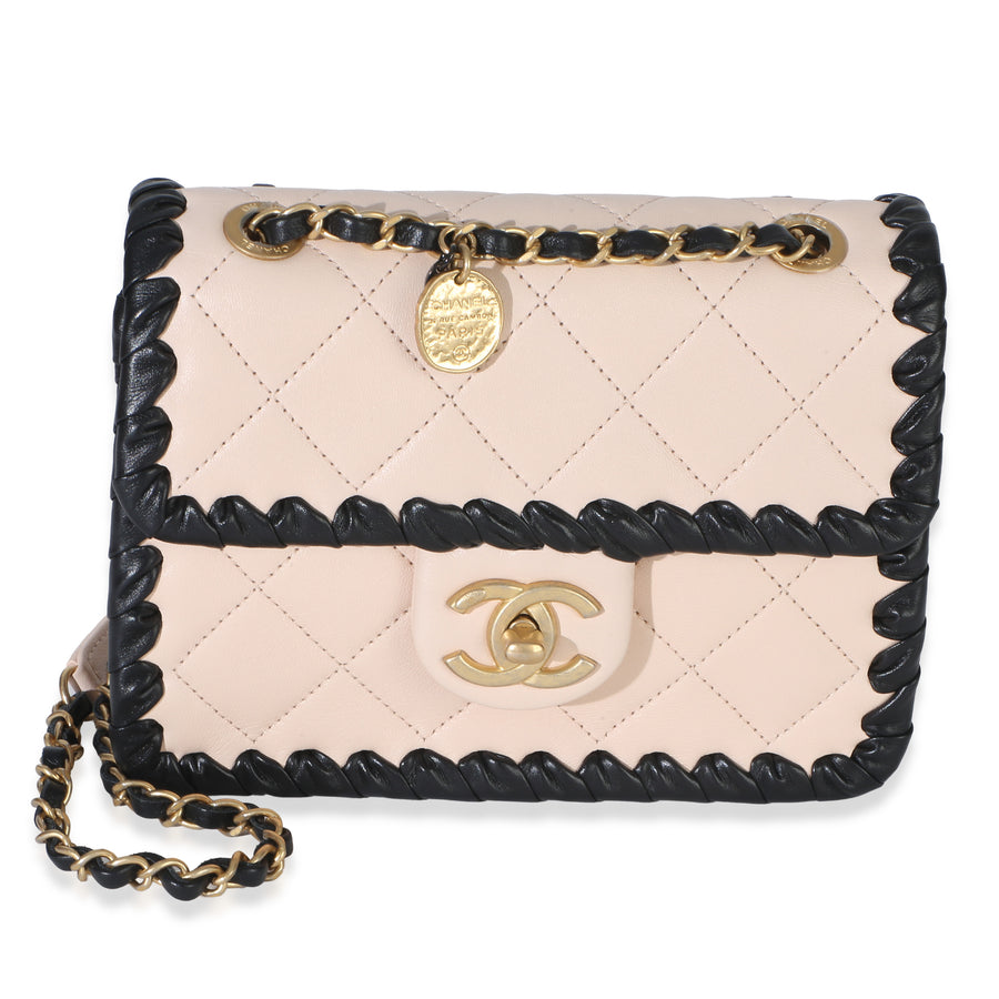 Chanel Black Beige Braided Calfskin Mini My Own Frame Flap Bag Leather Handbag