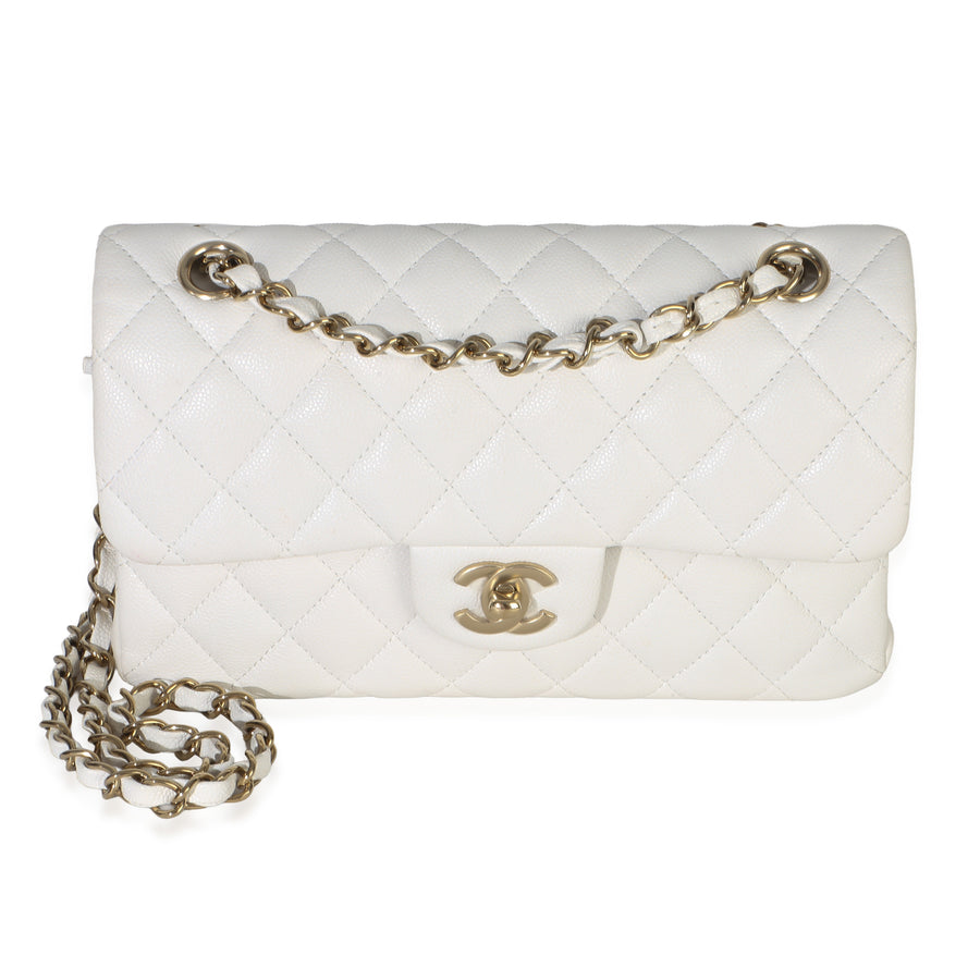 Chanel White Quilted Caviar Small Classic Double Flap Handbag Leather