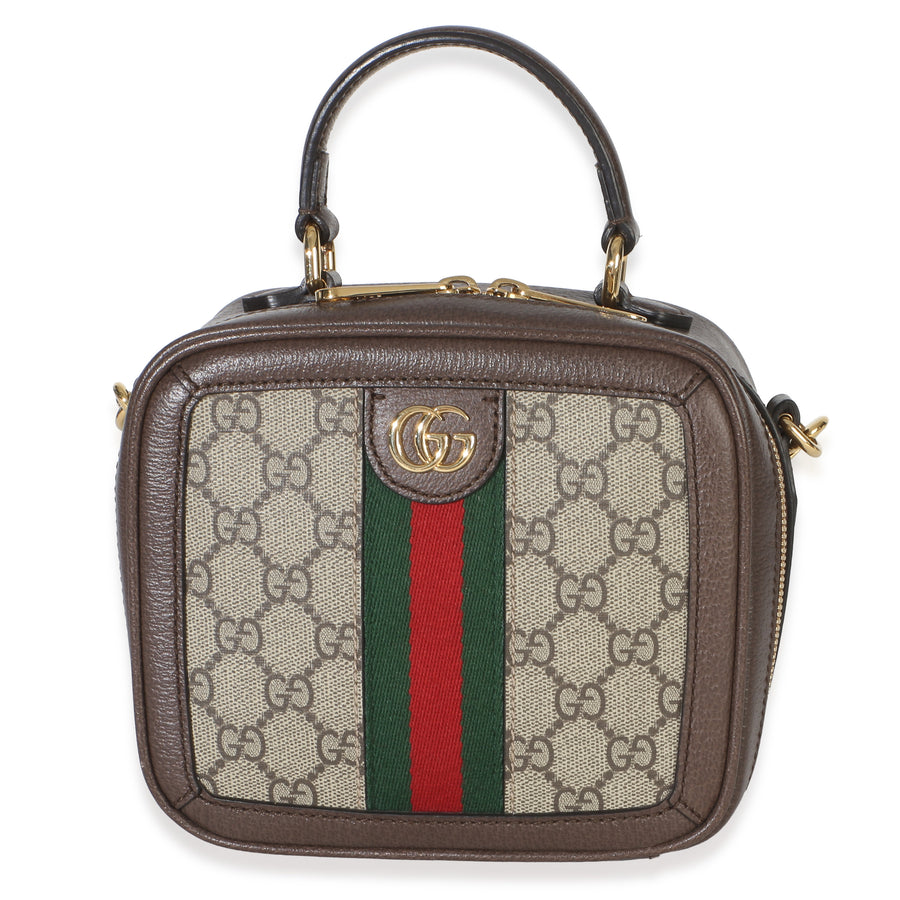 Gucci Beige Ebony Gg Supreme Canvas Web Ophidia Mini Top Handle Shoulder Bag Brown Handbag