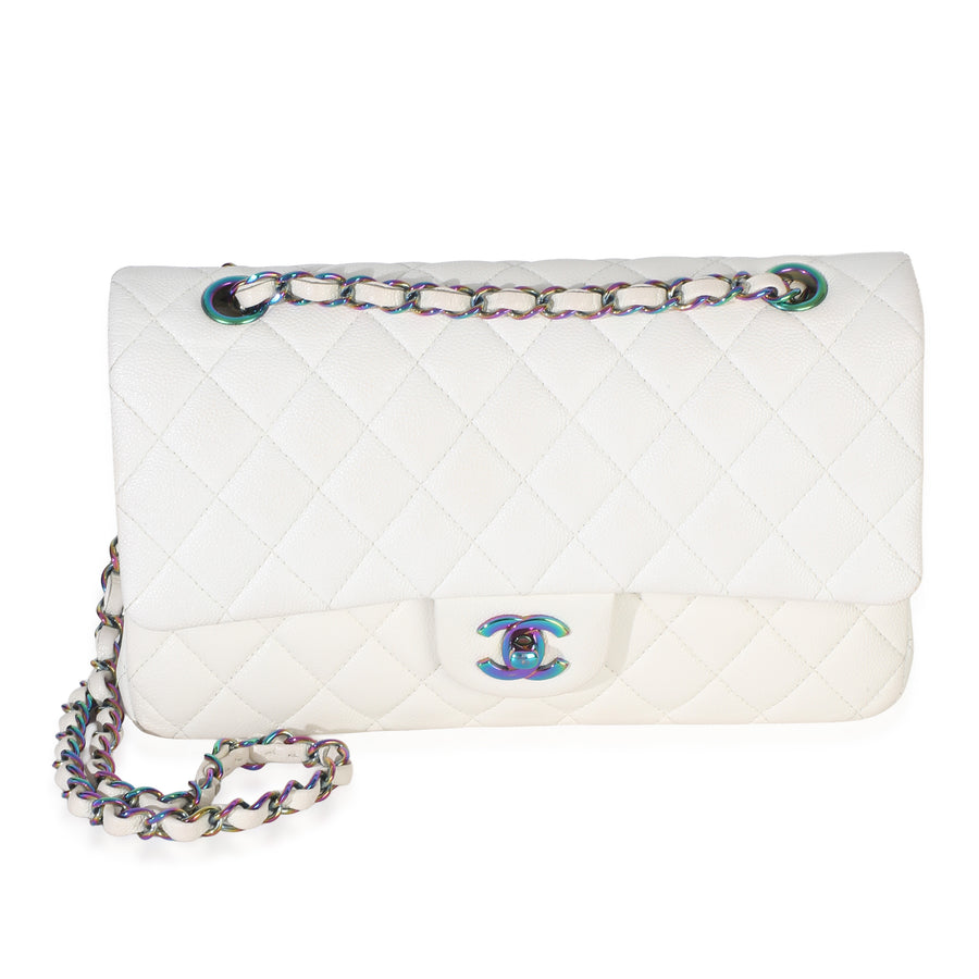 Chanel White Quilted Caviar Rainbow Medium Classic Double Flap Handbag Leather