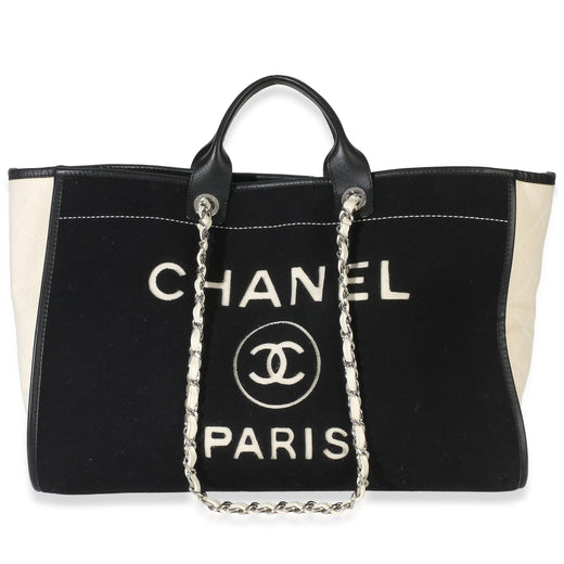 Chanel Black White Wool Calfskin Felt Large Deauville Tote Fabric Handbag