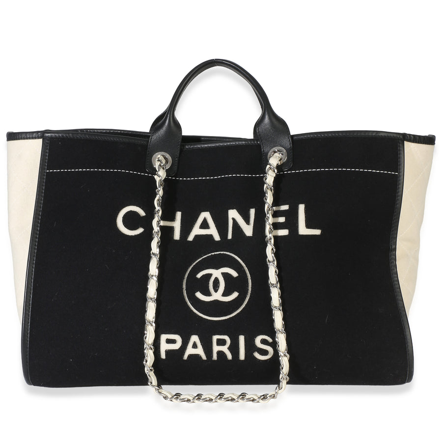 Chanel Black White Wool Calfskin Felt Large Deauville Tote Fabric Handbag