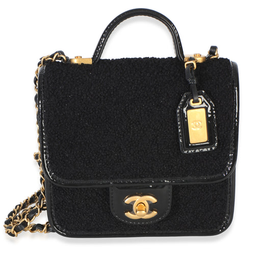 Chanel Black Tweed Patent School Memory Mini Top Handle Flap Bag Fabric Handbag