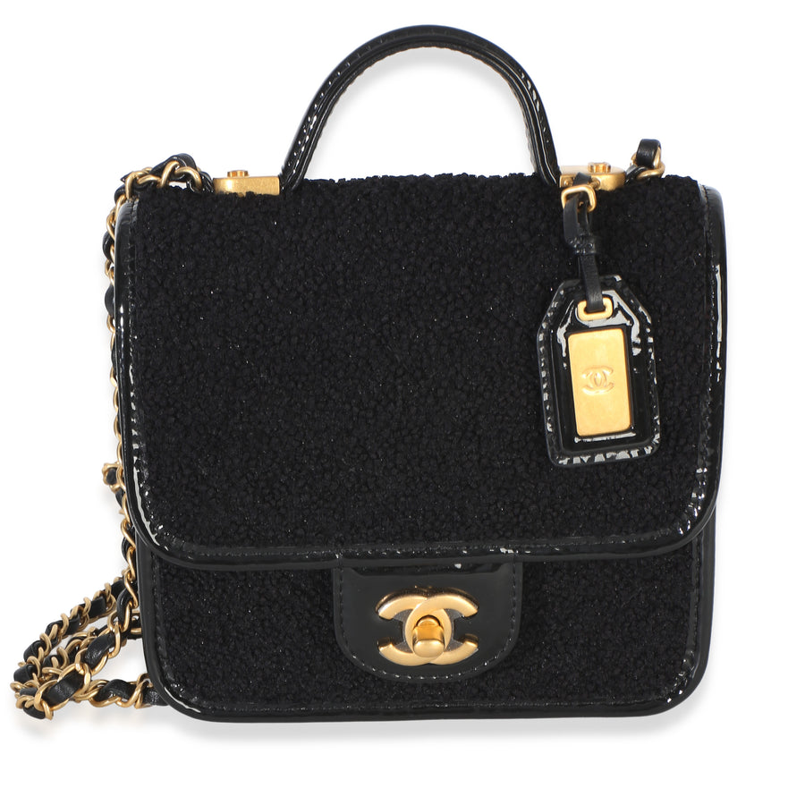 Chanel Black Tweed Patent School Memory Mini Top Handle Flap Bag Fabric Handbag