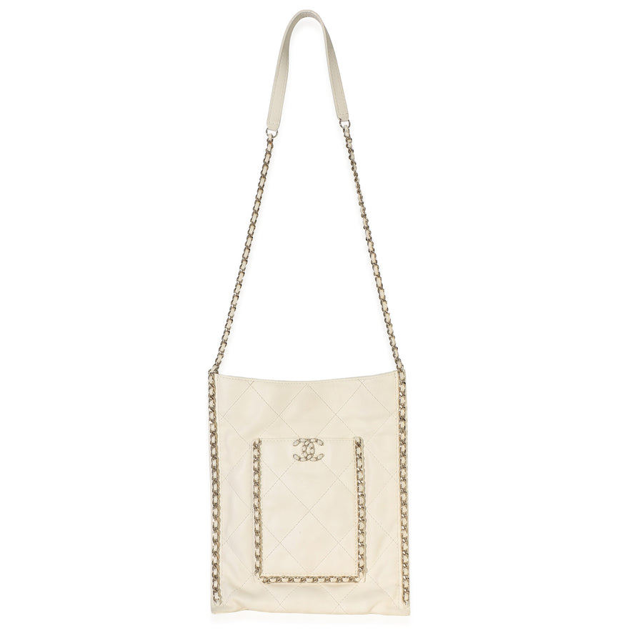 Chanel White Quilted Calfskin Small Chain Flat Tote Beige Leather Handbag