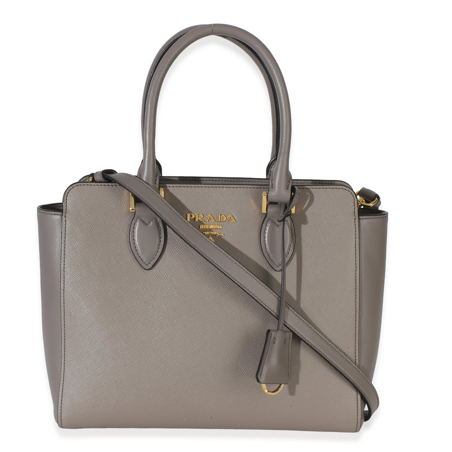 Prada Argilla Saffiano Soft Calfskin Small Top Handle Tote Gray Leather Handbag
