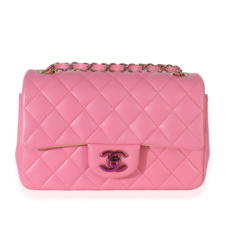 Chanel Pink Quilted Lambskin Rainbow Mini Rectangular Flap Bag Leather Handbag