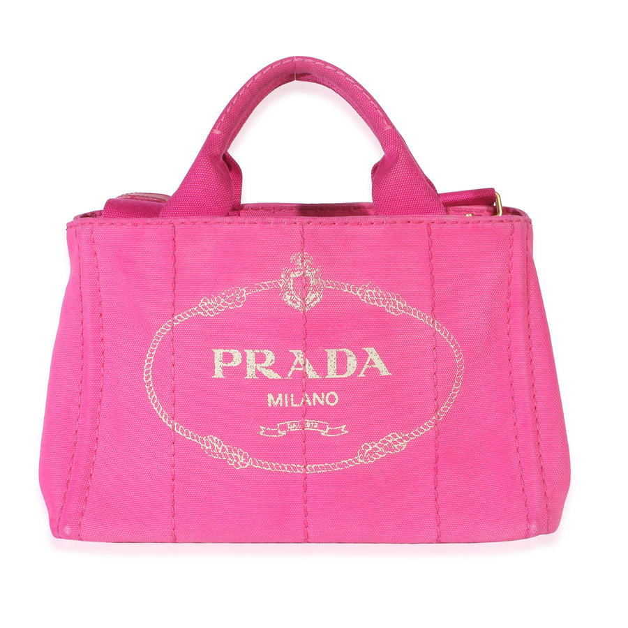 Prada Dark Pink Canvas White Logo Small Canapa Tote Handbag