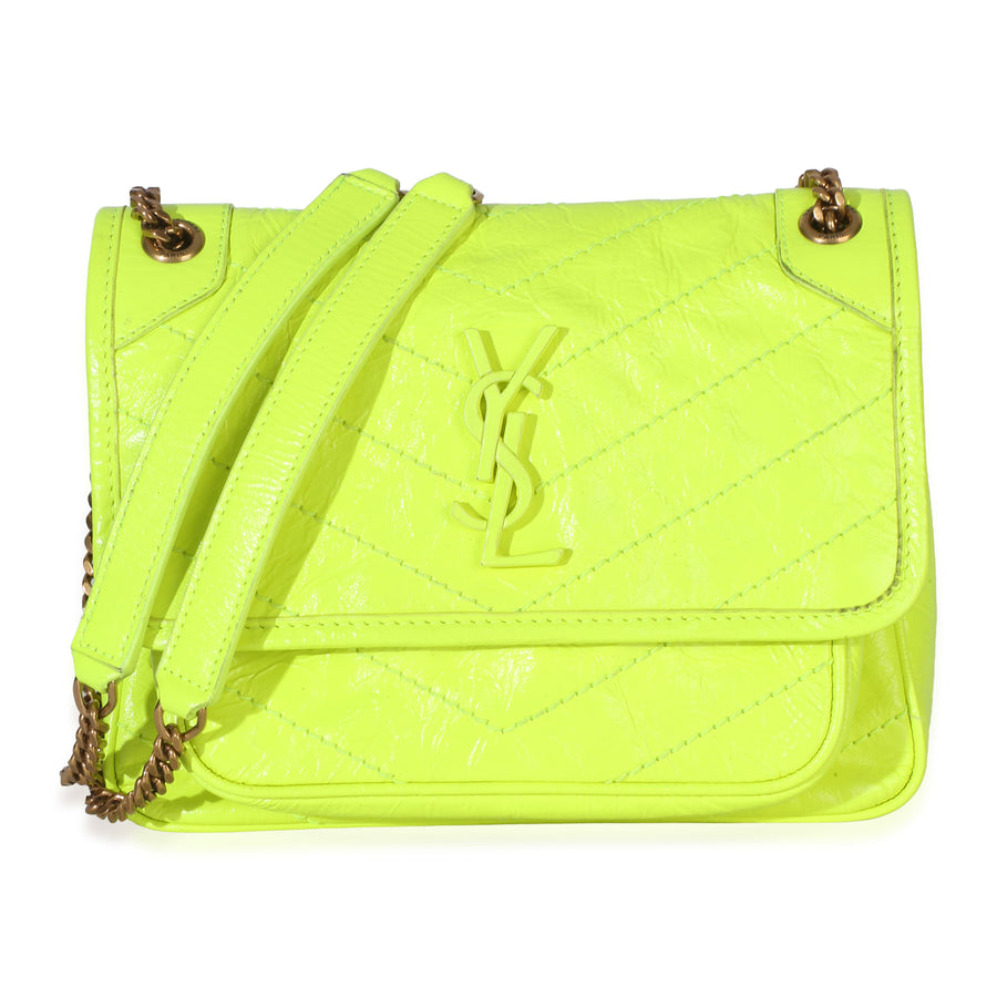 Saint Laurent Yellow Crinkled Calfskin Matelasse Baby Niki Chain Satchel Leather Handbag