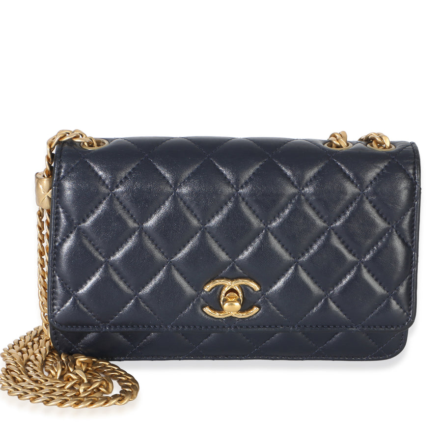 Chanel Blue Quilted Lambskin All Slide Long Wallet On Chain Leather Handbag