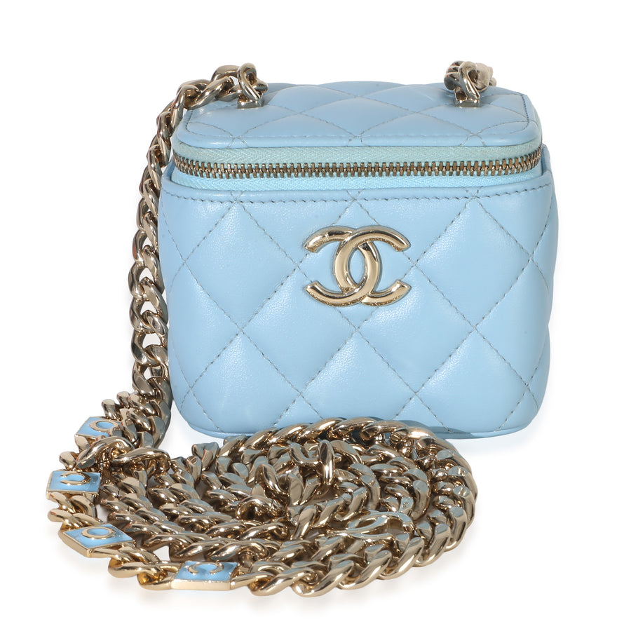 Chanel Blue Quilted Lambskin Coco Chain Mini Vanity Case Leather Handbag