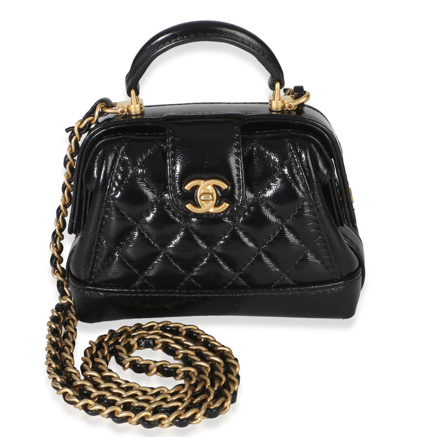 Chanel Black Quilted Shiny Lambskin Nano Cocodoc Clutch With Chain Leather Handbag