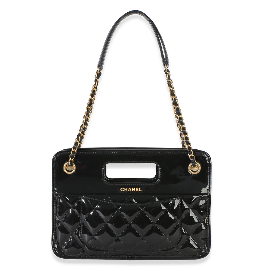 Chanel Black Quilted Patent Graphic Catch Small Shopping Bag Leather Handbag