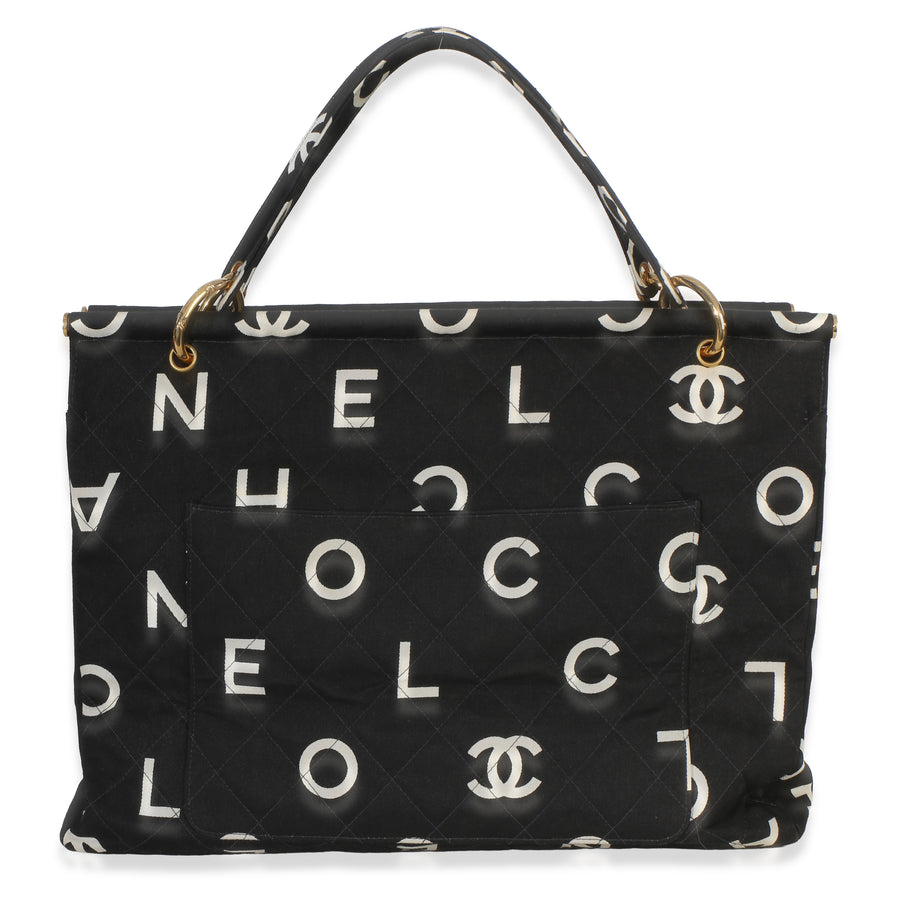 Chanel Vintage Black White Quilted Canvas Logo Tote Handbag
