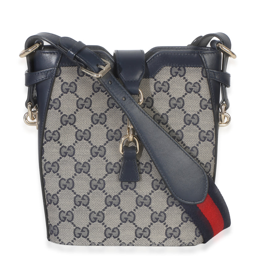 Gucci Navy Beige Gg Monogram Canvas Mini Bucket Bag Blue Handbag
