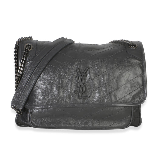 Saint Laurent Grey Crinkled Calfskin Matelasse Large Niki Chain Satchel Gray Leather Handbag