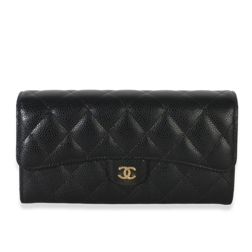 Chanel Black Quilted Caviar Large Gusset Flap Wallet Leather