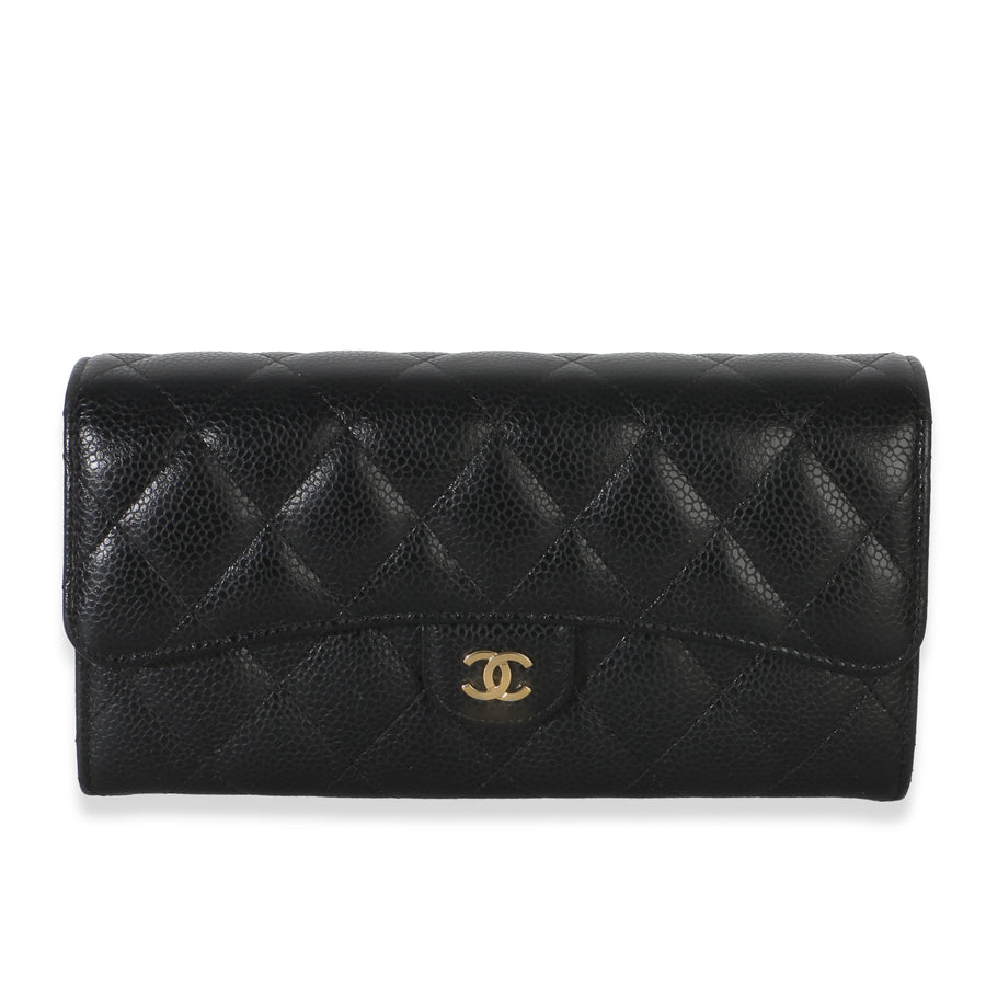 Chanel Black Quilted Caviar Large Gusset Flap Wallet Leather