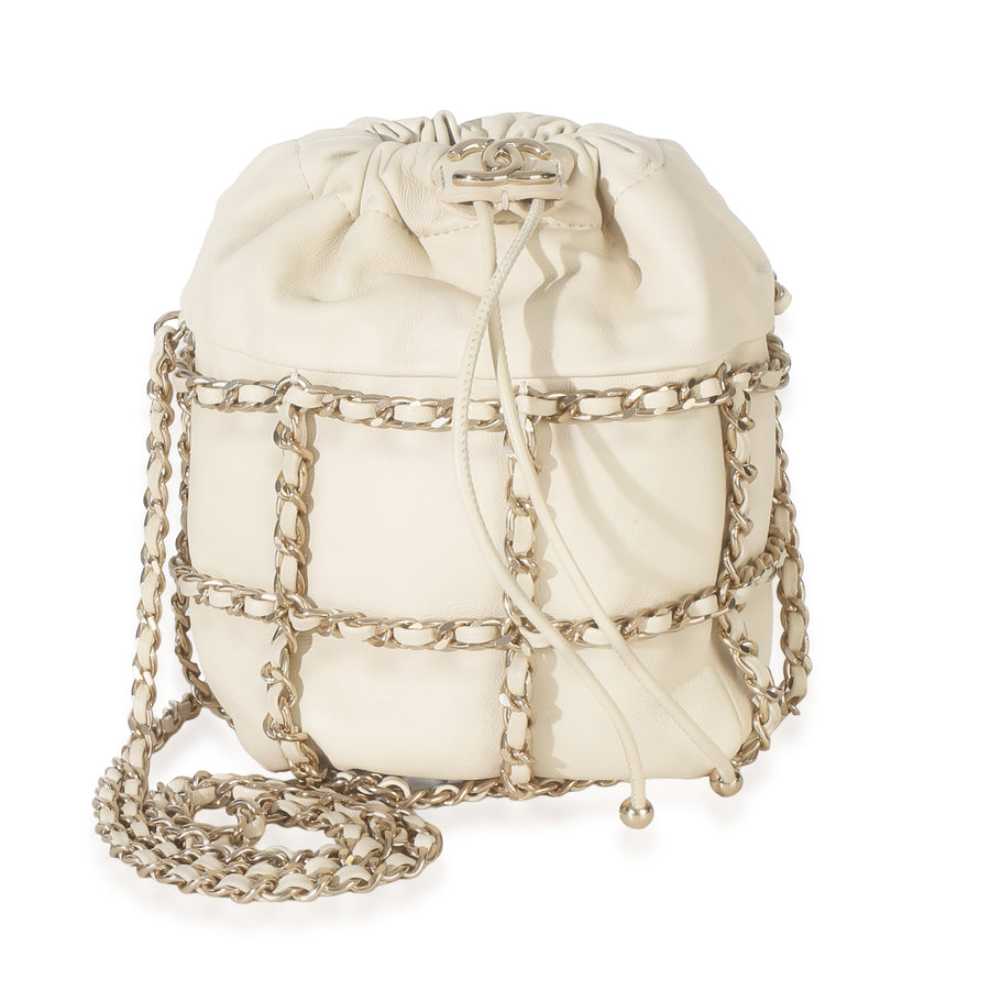 Chanel White Lambskin Chain Frame Drawstring Bucket Bag Neutral; Leather Handbag