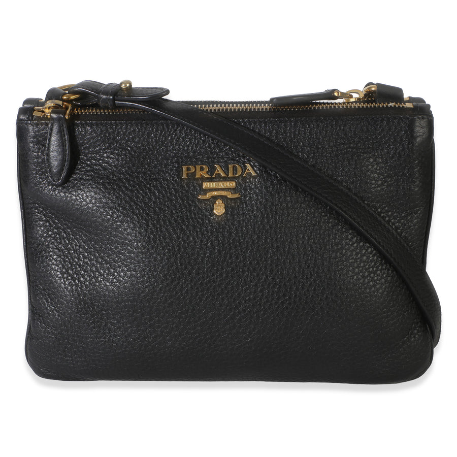 Prada Black Vitello Phenix Double Zip Crossbody Bag Leather Handbag