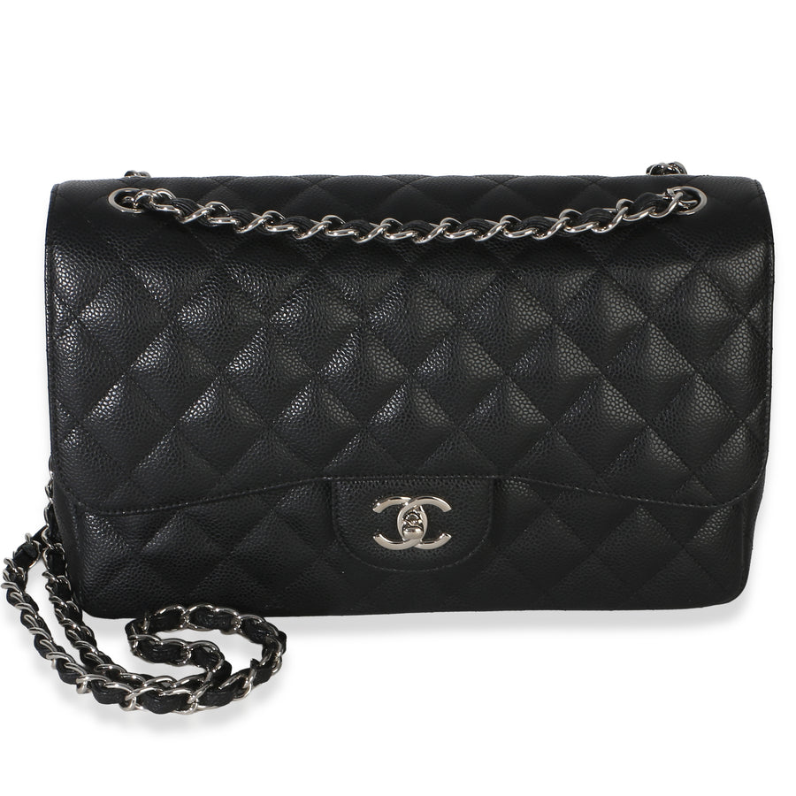Chanel Black Quilted Caviar Jumbo Double Flap Handbag Leather