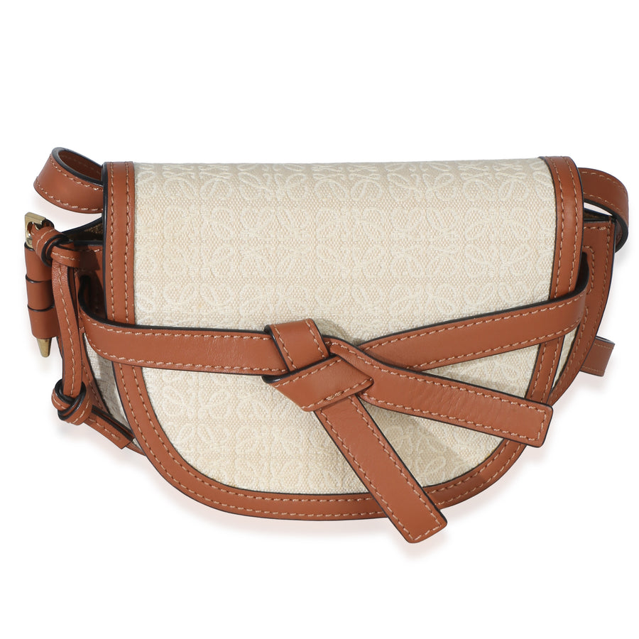 Loewe Beige Calfskin Jacquard Anagram Mini Dual Gate Bag Beige; Brown Canvas; Leather Handbag