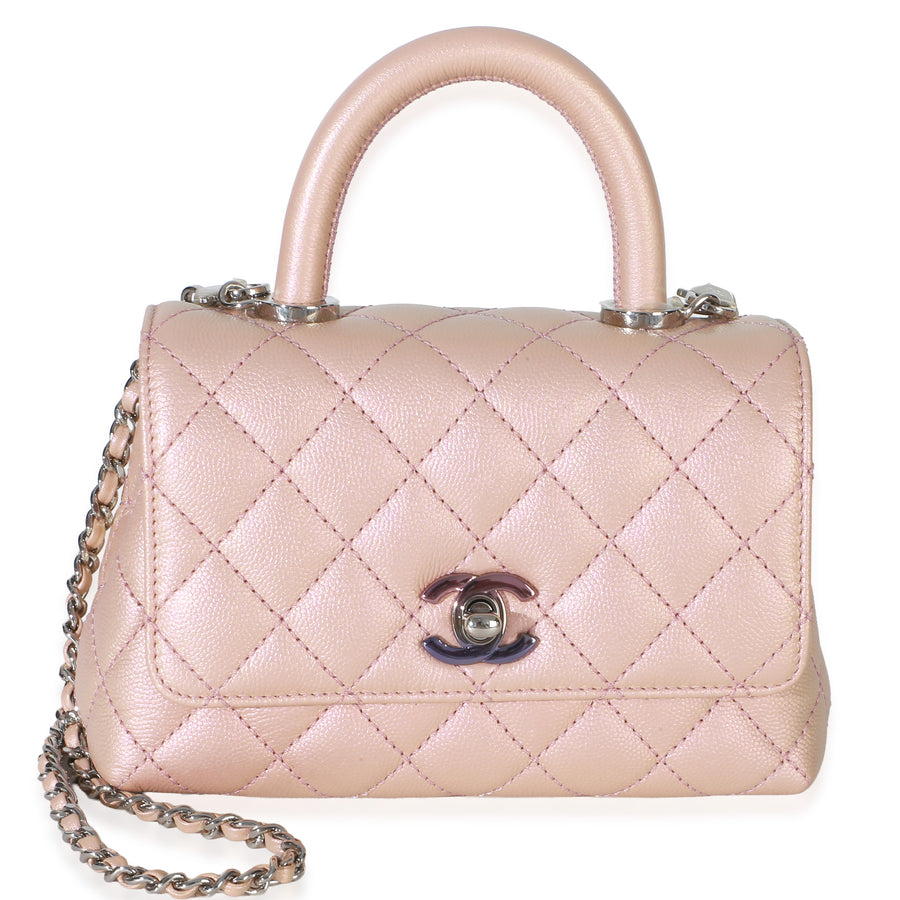 Chanel Light Pink Iridescent Quilted Caviar Mini Coco Top Handle Flap Bag Metallic; Leather Handbag
