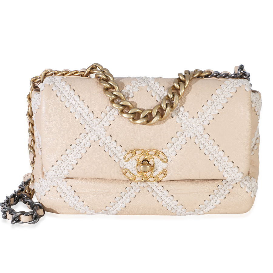 Chanel Beige Calfskin Crochet Medium 19 Flap Bag Leather Handbag