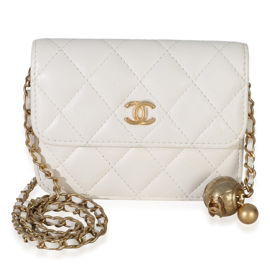 Chanel White Quilted Lambskin Pearl Crush Clutch With Chain Leather Handbag