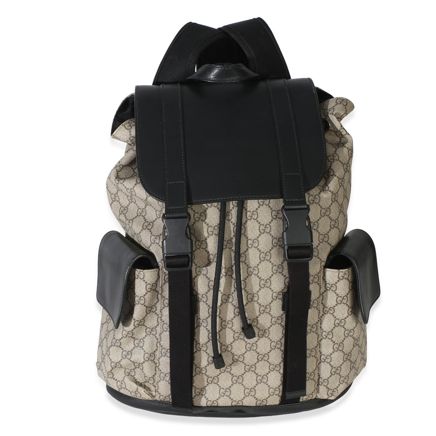 Gucci Beige Black Gg Supreme Canvas Double Buckle Backpack Brown Canvas; Leather Handbag