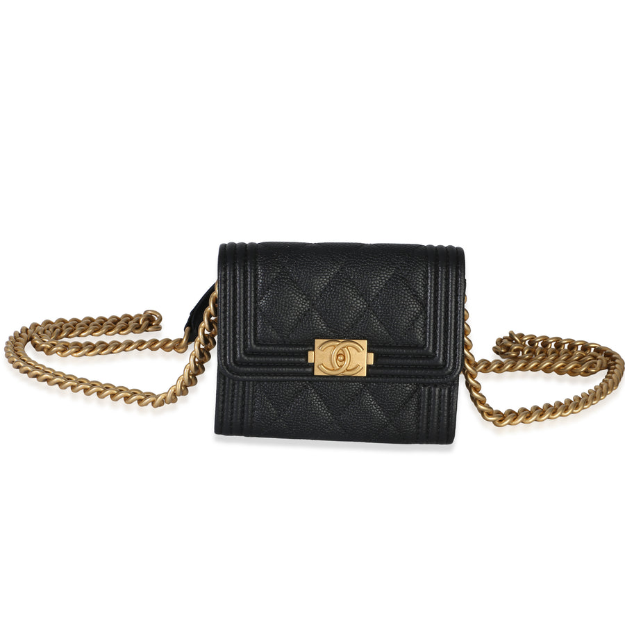 Chanel Black Quilted Caviar Boy Card Holder On Chain Leather Handbag