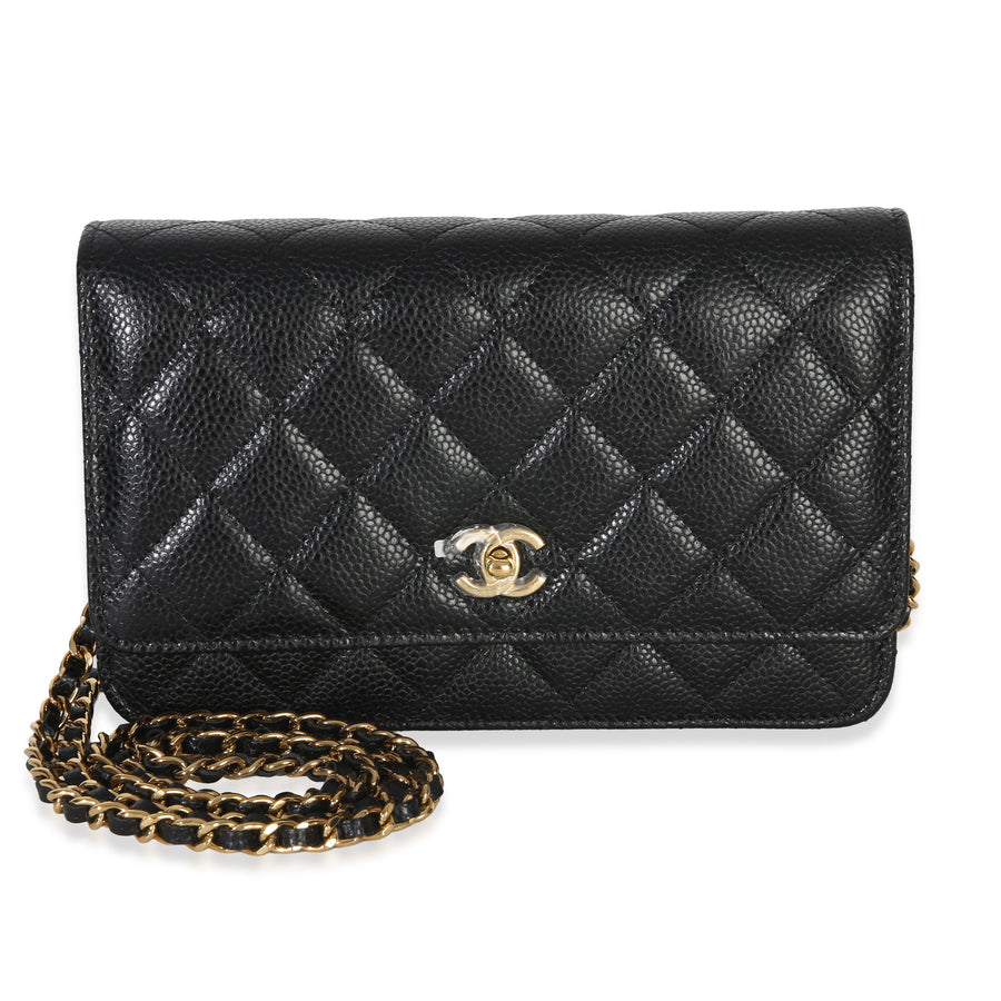 Chanel Black Quilted Caviar Cc Wallet On Chain Leather Handbag