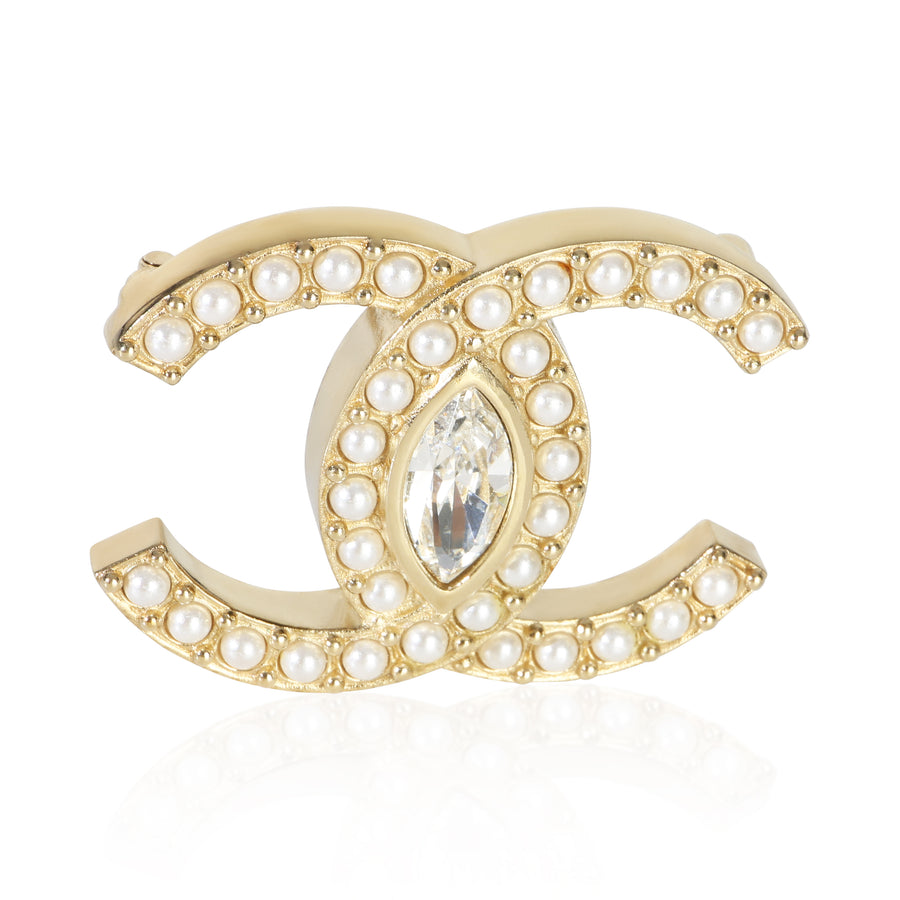 Chanel Gold-Plated 2021 Faux Pearl & Strass Cc Brooch
