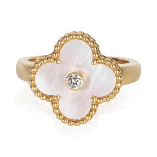 Van Cleef & Arpels Yellow Gold Mother Of Pearl And Diamond Vintage Alhambra Ring 18k