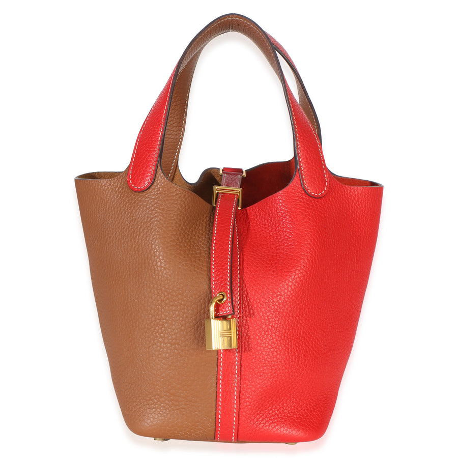 Hermès Gold Rouge De Coeur Clemence Casaque Picotin Lock 18 Ghw Brown; Red Leather Bag