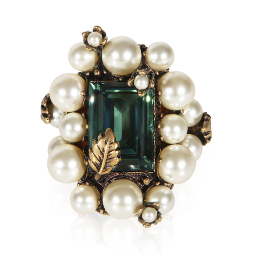 Gucci Gold-Plated Crystal & Faux Pearl Ring