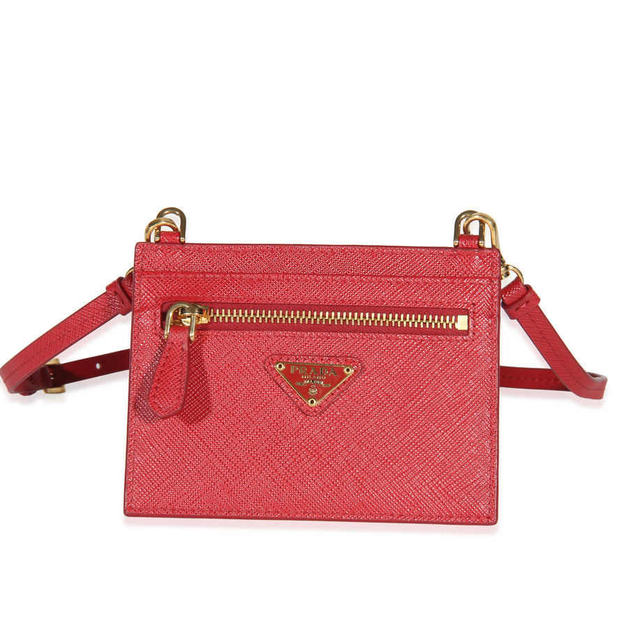 Prada Red Saffiano Triangle Card Holder With Strap Leather Wallet