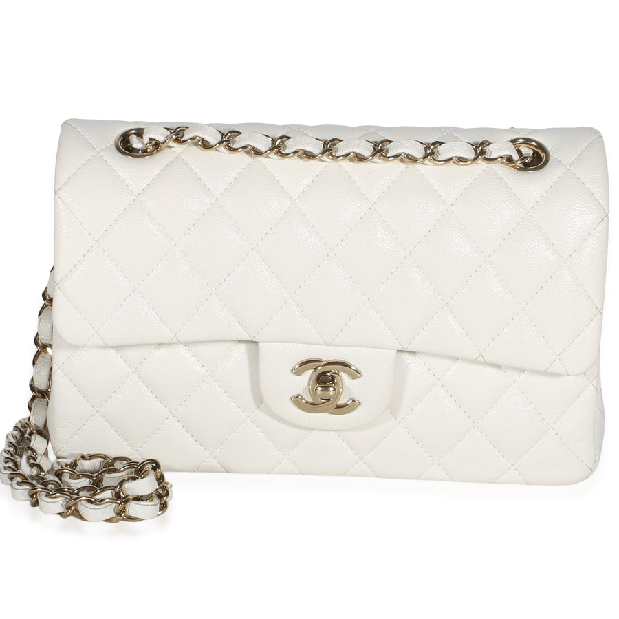 Chanel White Quilted Caviar Small Classic Double Flap Bag Leather