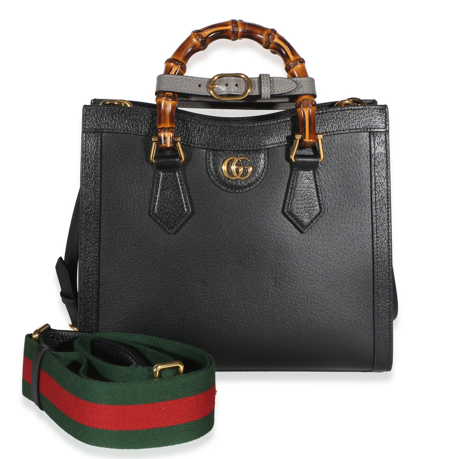 Gucci Black Textured Dollar Calfskin Web Medium Diana Tote Leather