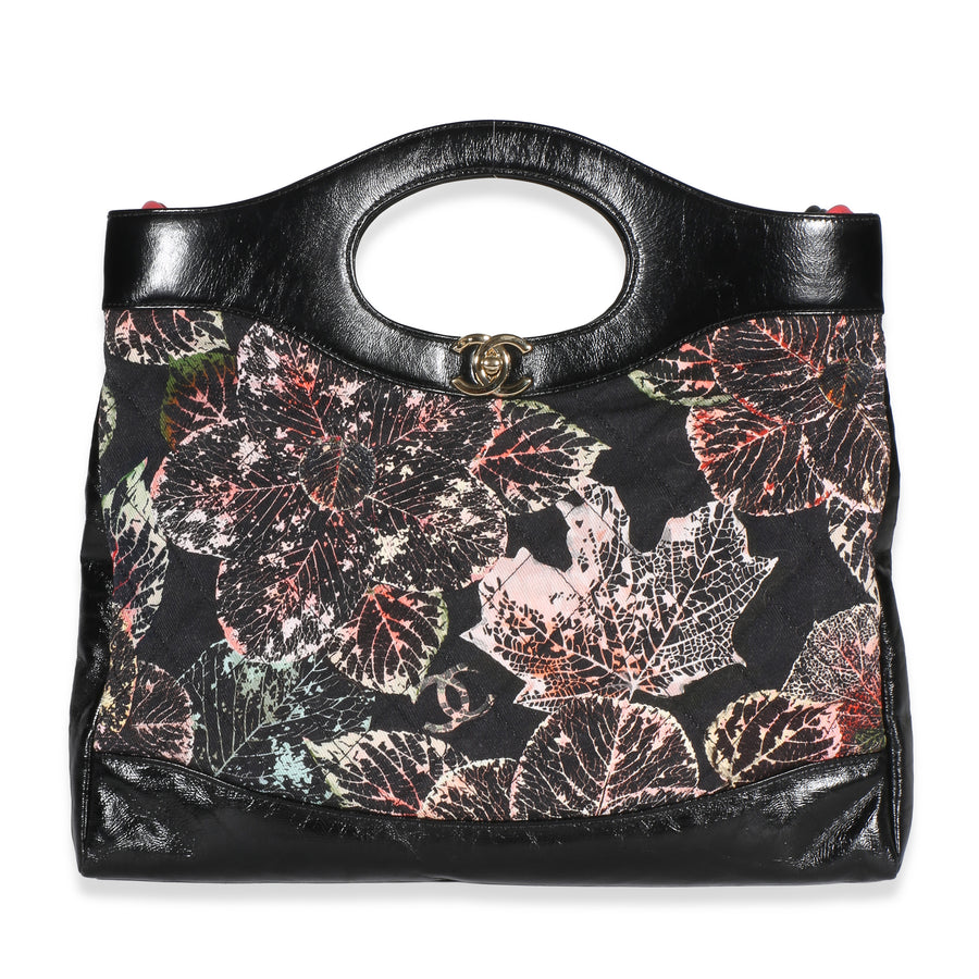 Chanel Black Pink Floral Canvas Calfskin Large 31 Shopping Bag Black; Multicolor