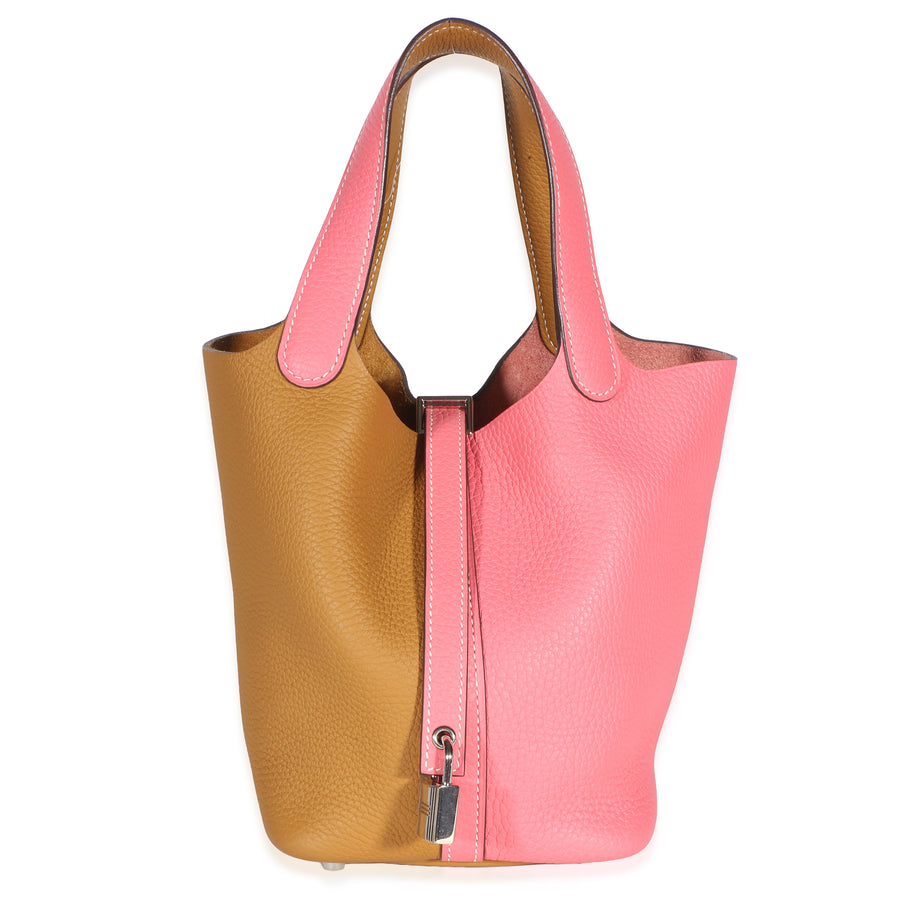 Hermès Rose Azalee Sesame Clemence Casaque Picotin Lock 18 Phw Brown; Pink Leather Bag