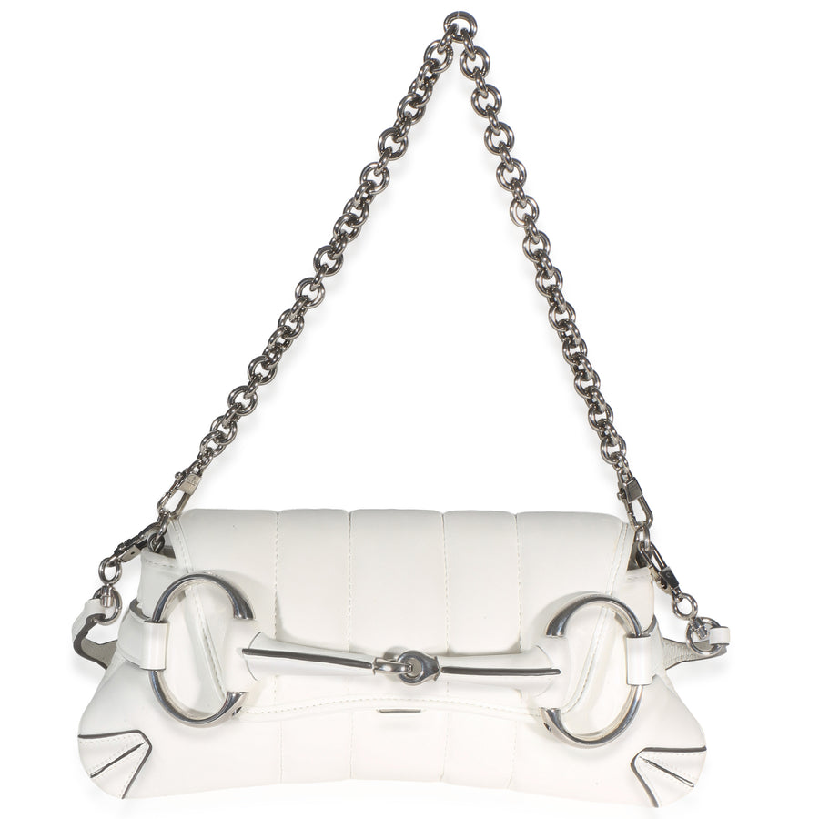 Gucci White Nappa Vertical Matelasse Small Horsebit Chain Shoulder Bag Leather