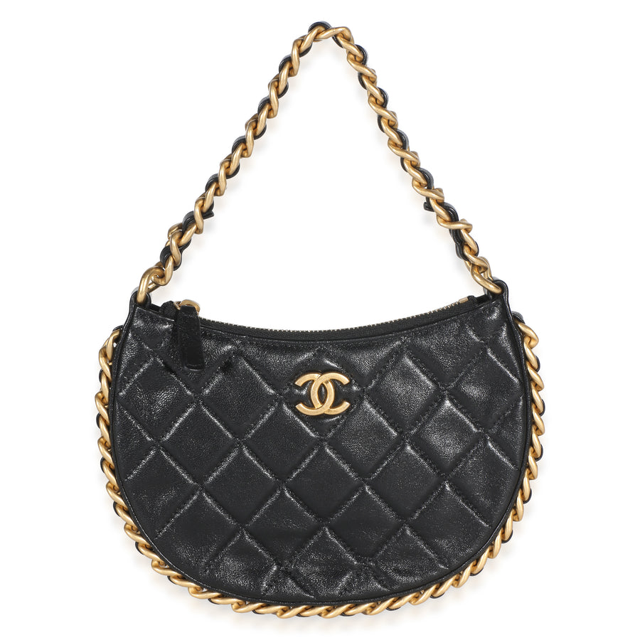 Chanel Black Shiny Quilted Lambskin Mini Cc Chain Around Hobo Leather