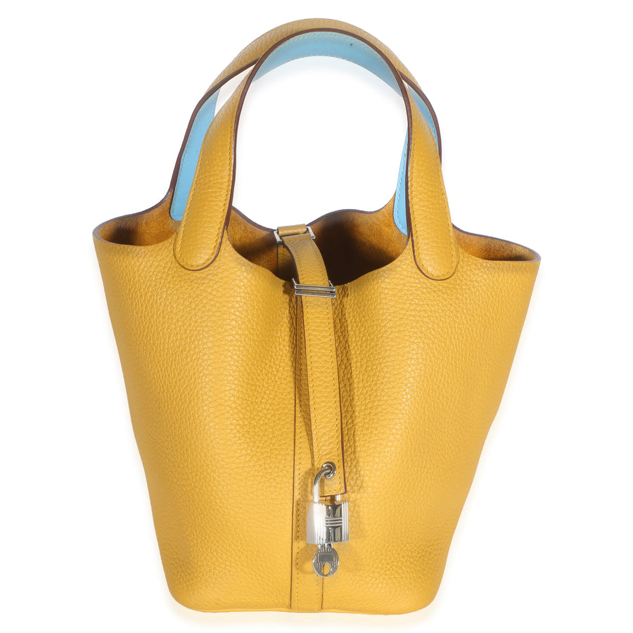 Hermès Jaune Ambre Celeste Clemence Eclat Picotin Lock 18 Pm Phw Yellow Leather Bag