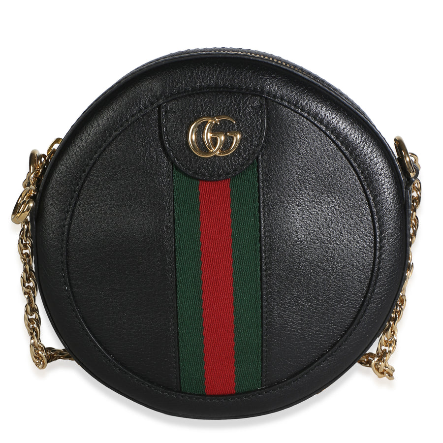 Gucci Black Textured Calfskin Web Mini Ophidia Round Bag Leather