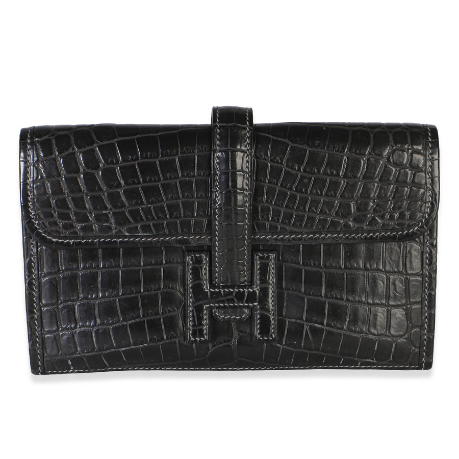 Hermès Graphite Matte Crocodile Niloticus Mini Jige Clutch Black; Gray Exotic