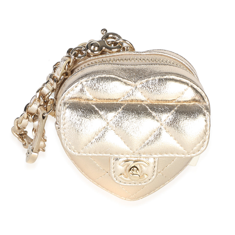 Chanel Gold Metallic Quilted Lambskin Cc Mini Love Heart Bag Charm Leather Charms