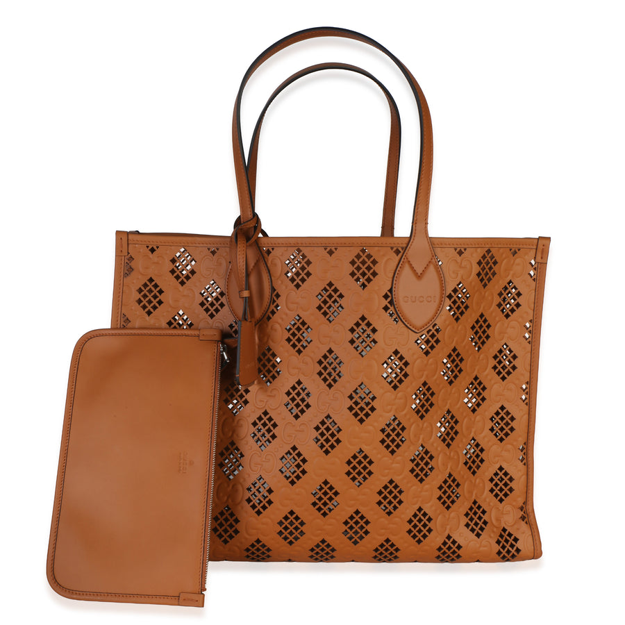 Gucci Brown Gg Debossed Calfskin Diamond Cutout Medium Tote Leather