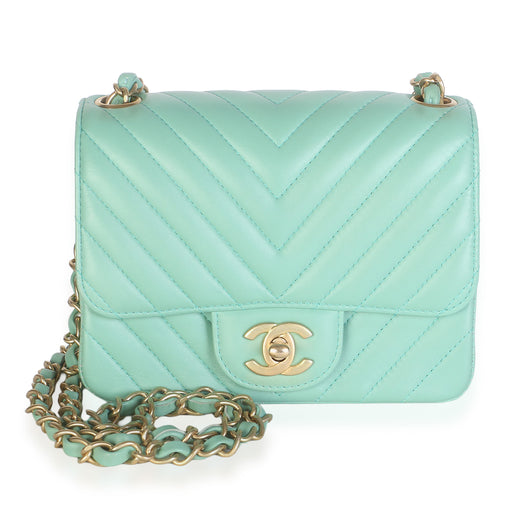 Chanel Light Green Chevron Lambskin Mini Square Flap Bag Leather