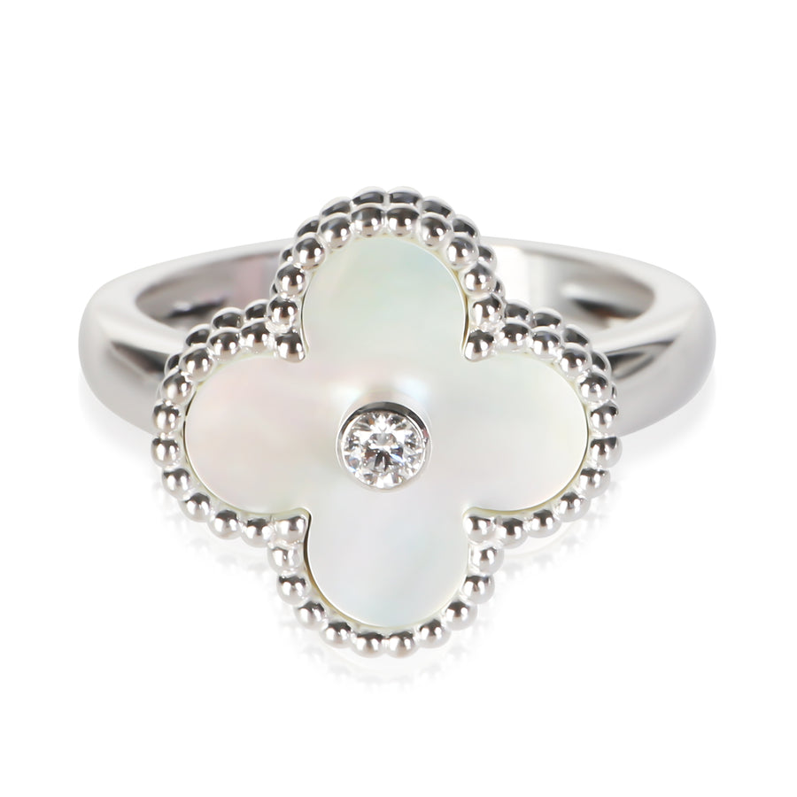 Van Cleef & Arpels White Gold Mother Of Pearl And Diamond Vintage Alhambra Ring 18k Rings